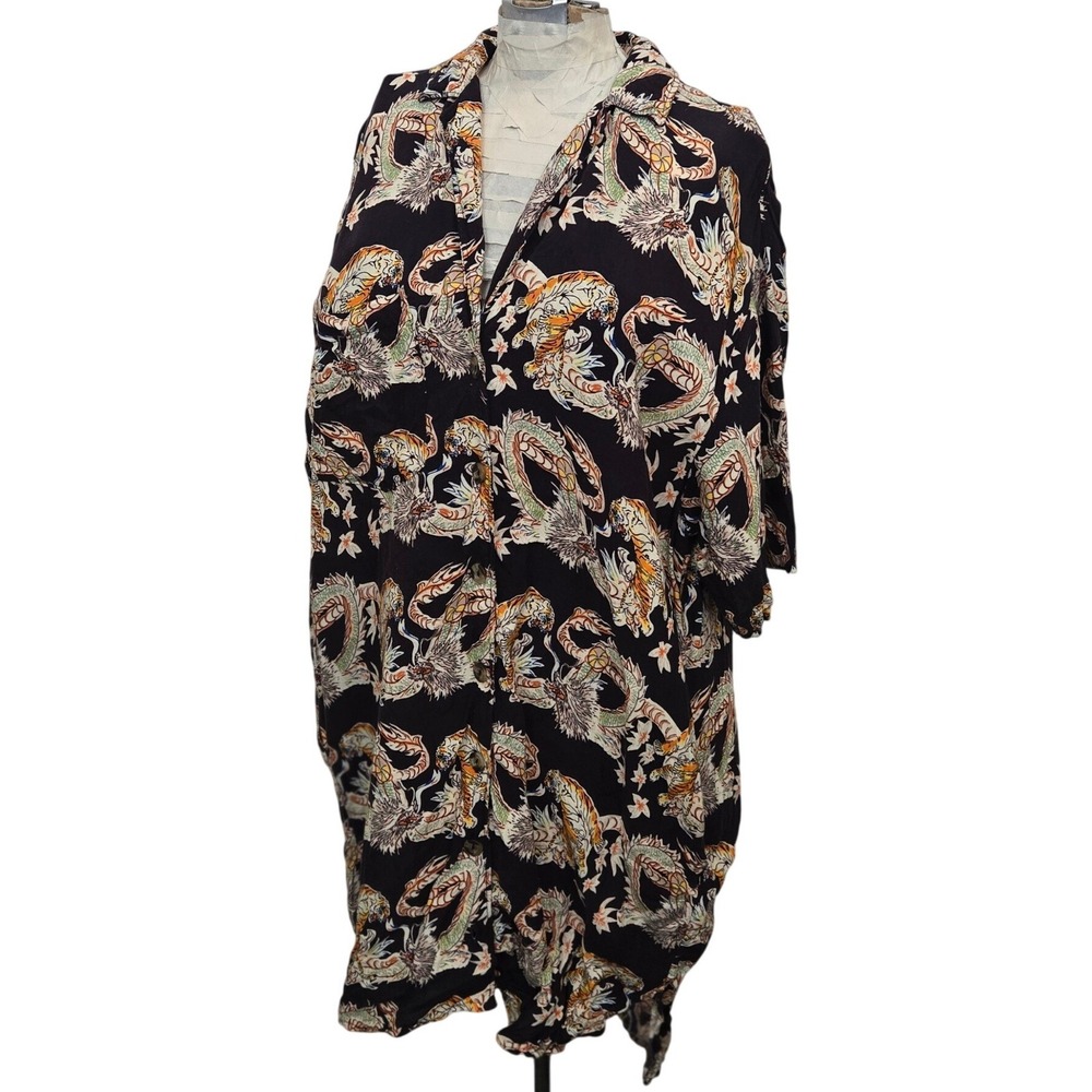 Urban Outfitters Tiger Dragon Print Shirt Dress Pockets Mens M Black Viscose